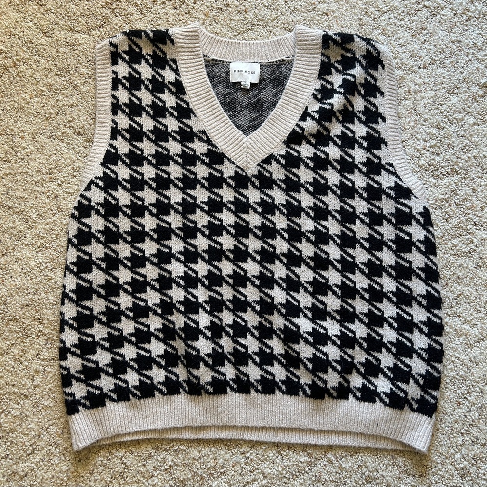 Pink Rose Houndstooth Boxy Knit Sweater Vest Pullover Women’s XL Preppy Academia
